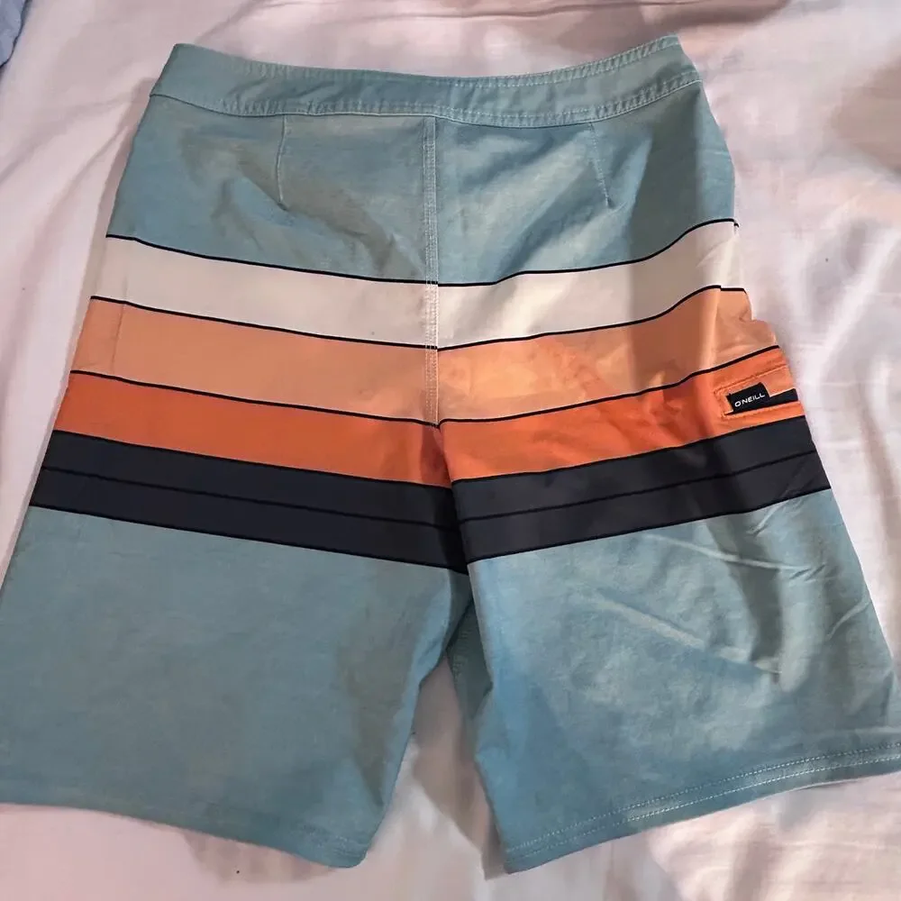 O’Neill Hyperfreak Board Shorts Size 28 Blue Orange Striped Surf Swim Trunks